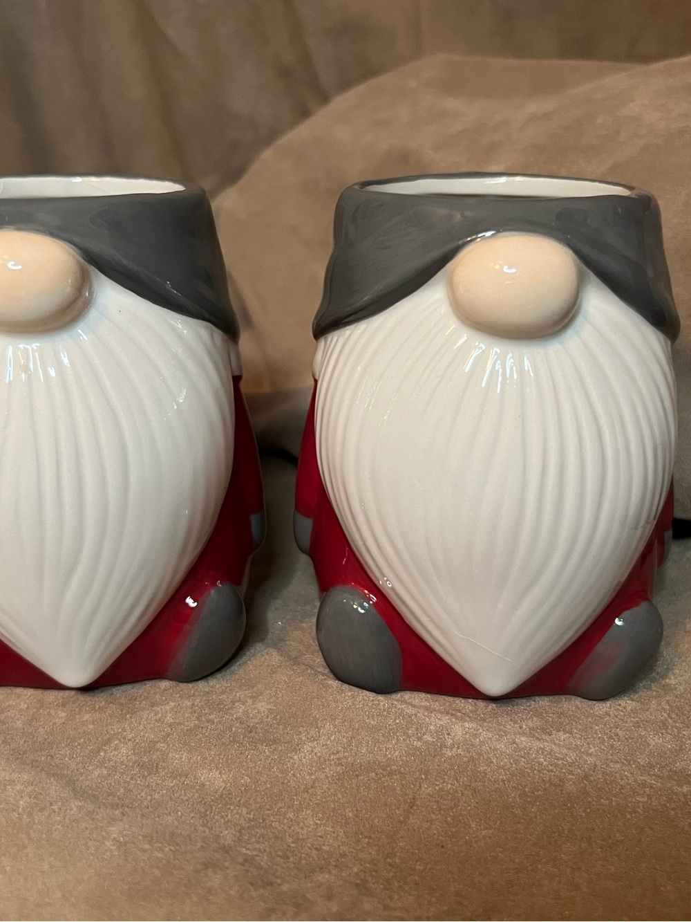 Pottery Barn Pair of Red & Gray Ceramic Gnome Mugs